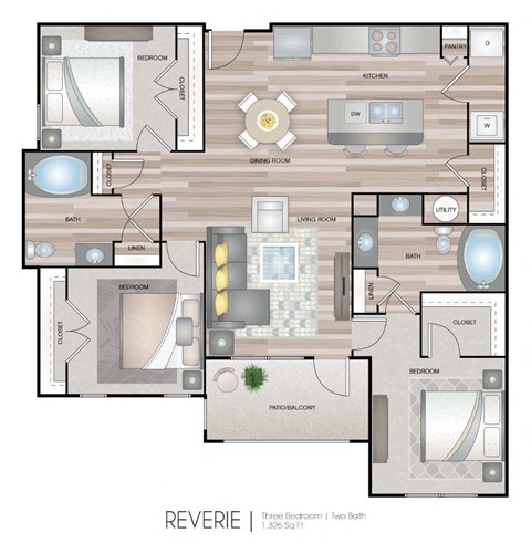 Floor plan for 3 beds, 2 baths, 1326 sqft